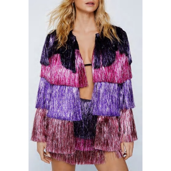 Nasty Gal Jackets & Blazers - Nasty Gal Metallic Pink and Purple Tiered Tinsel Fringe Open Jacket ERAS TOUR